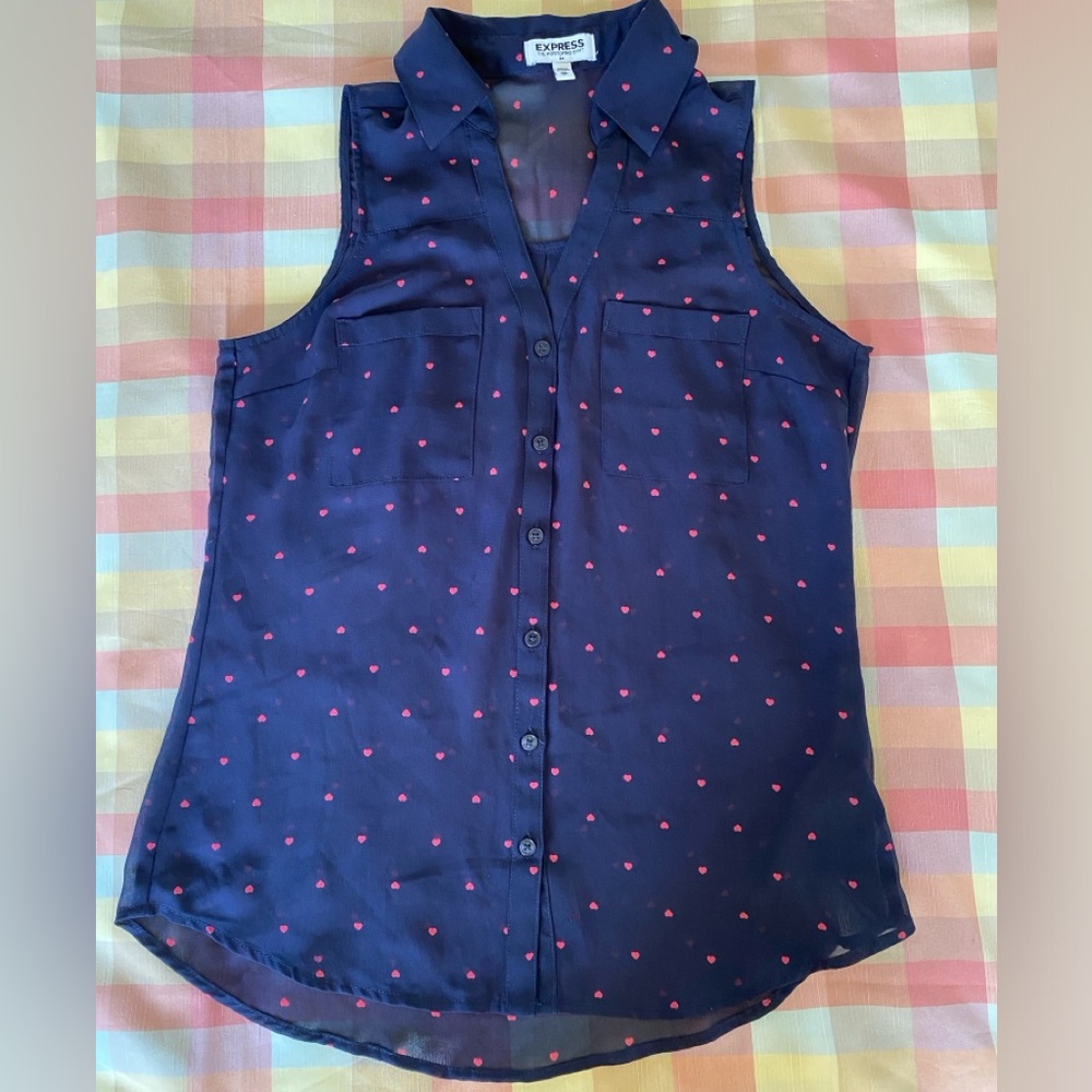 express portofino sleeveless blouse navy blue with pink hearts xs sheer
